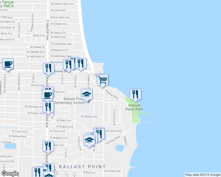 map of restaurants, bars, coffee shops, grocery stores, and more near 5020 Bayshore Boulevard in Tampa