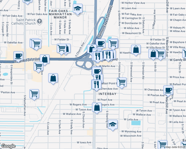 map of restaurants, bars, coffee shops, grocery stores, and more near in Tampa