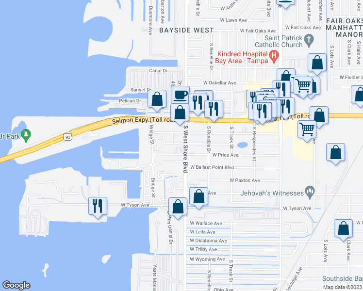 map of restaurants, bars, coffee shops, grocery stores, and more near 5009 South West Shore Boulevard in Tampa