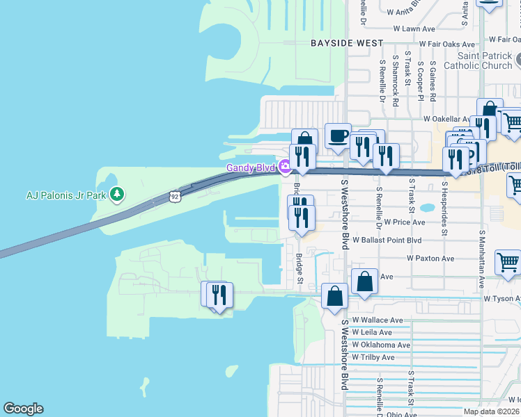 map of restaurants, bars, coffee shops, grocery stores, and more near 5000 West Gandy Boulevard in Tampa