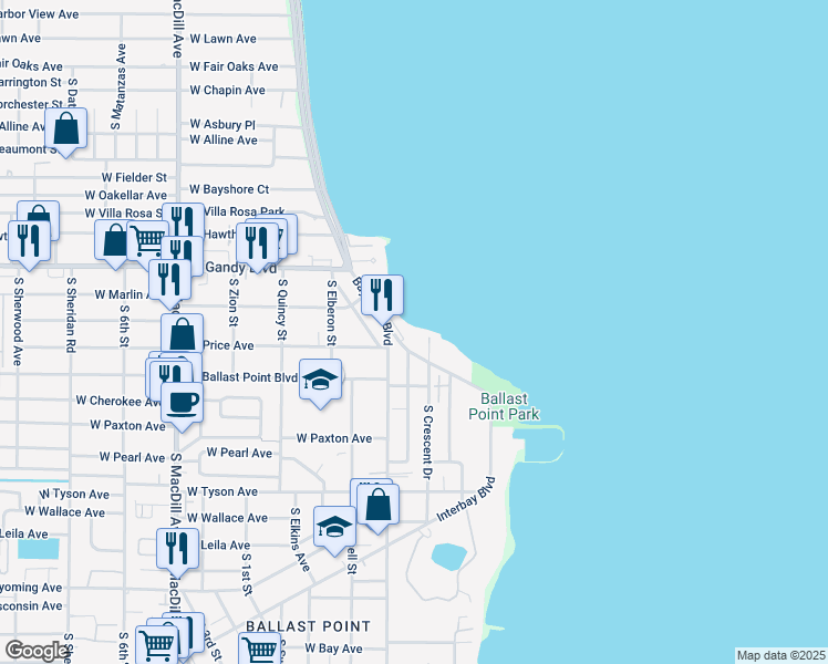 map of restaurants, bars, coffee shops, grocery stores, and more near 5020 Bayshore Boulevard in Tampa