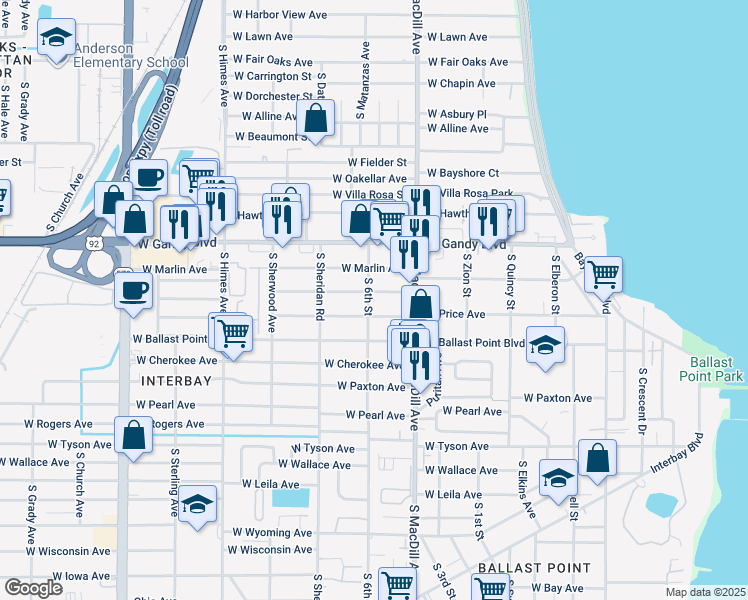 map of restaurants, bars, coffee shops, grocery stores, and more near 3121 West Price Avenue in Tampa