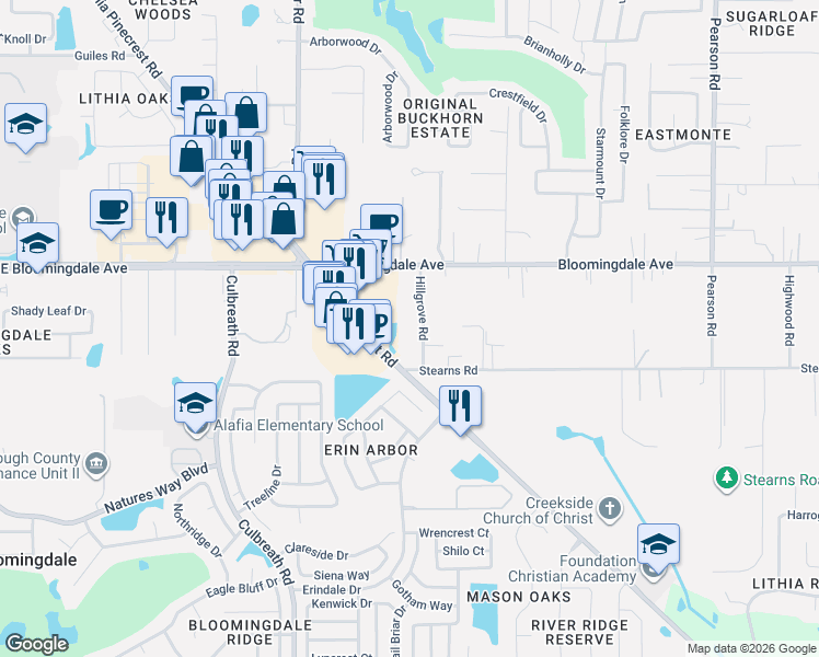 map of restaurants, bars, coffee shops, grocery stores, and more near 3467 Lithia Pinecrest Road in Valrico
