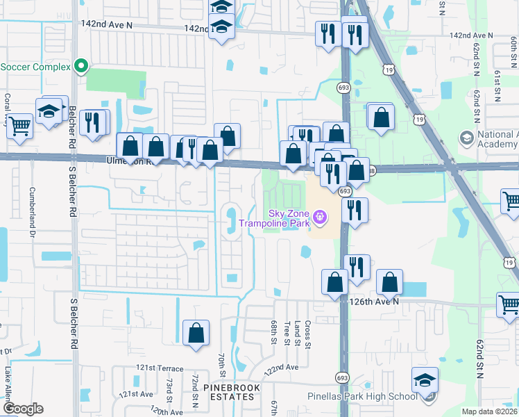 map of restaurants, bars, coffee shops, grocery stores, and more near 6982 Ulmerton Road in Largo