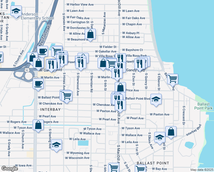 map of restaurants, bars, coffee shops, grocery stores, and more near 3121 West Price Avenue in Tampa