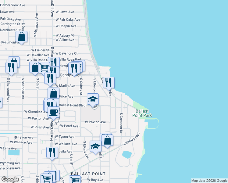 map of restaurants, bars, coffee shops, grocery stores, and more near 5020 Bayshore Boulevard in Tampa