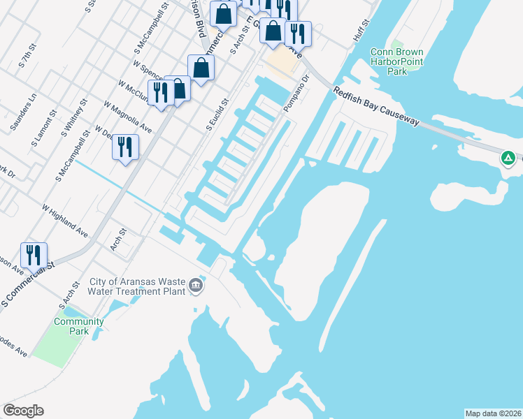 map of restaurants, bars, coffee shops, grocery stores, and more near 1055 Bay Street in Aransas Pass