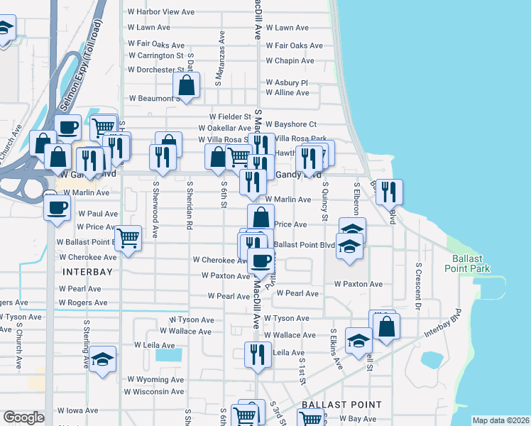 map of restaurants, bars, coffee shops, grocery stores, and more near 3198-3100 West Price Avenue in Tampa