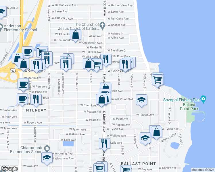 map of restaurants, bars, coffee shops, grocery stores, and more near 3198-3100 West Price Avenue in Tampa