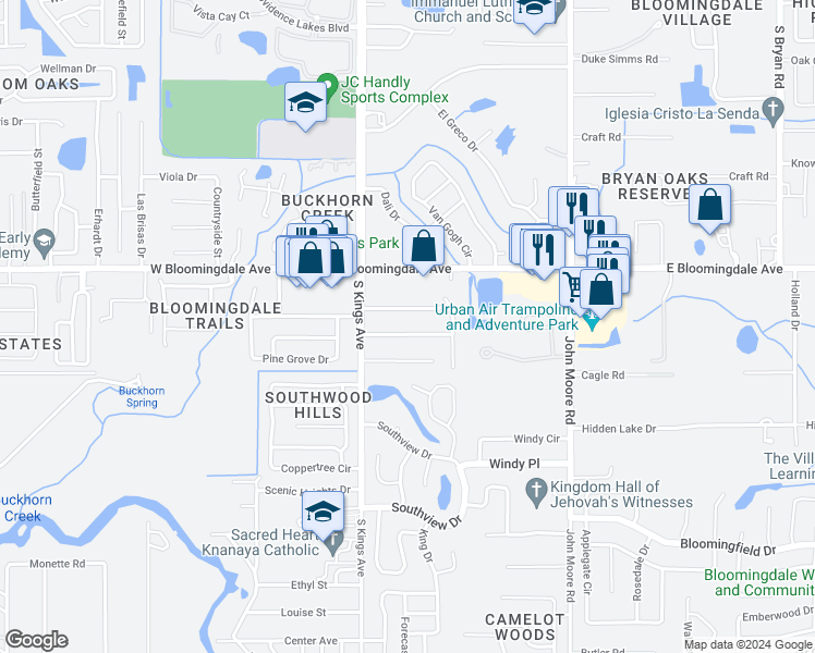 map of restaurants, bars, coffee shops, grocery stores, and more near 610 Valle Vista Drive in Brandon