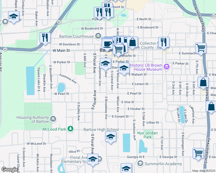 map of restaurants, bars, coffee shops, grocery stores, and more near 640 South Broadway Avenue in Bartow
