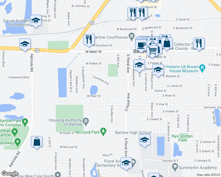 map of restaurants, bars, coffee shops, grocery stores, and more near 565 Formosa Avenue in Bartow
