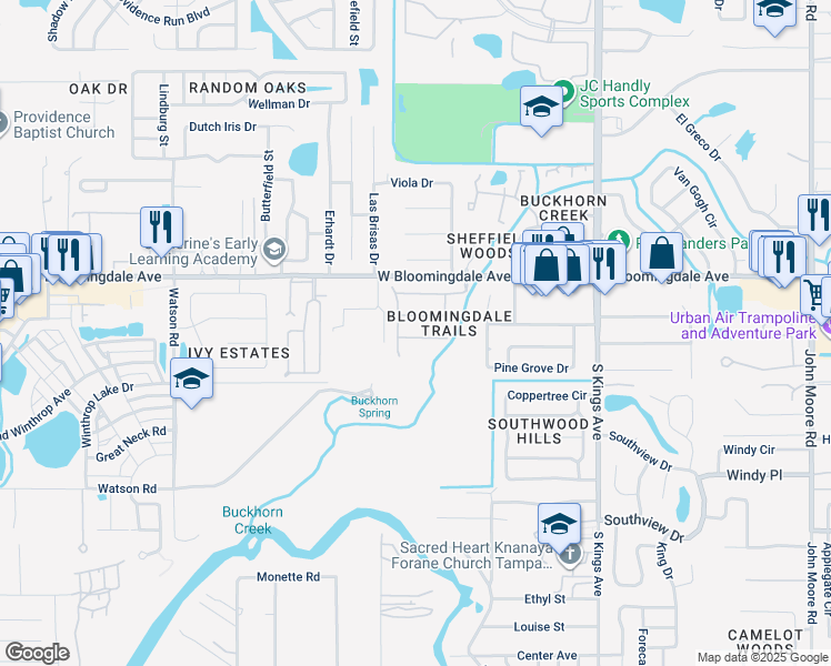 map of restaurants, bars, coffee shops, grocery stores, and more near 1420 Saddle Gold Court in Brandon