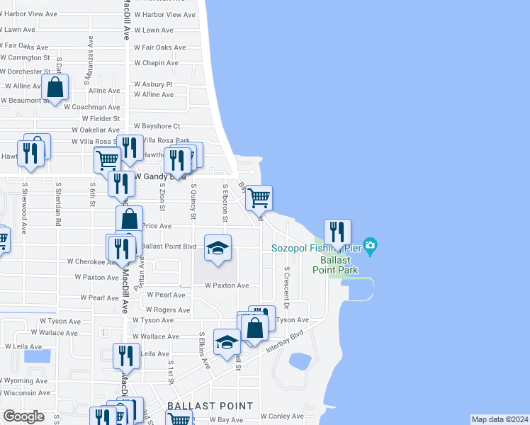 map of restaurants, bars, coffee shops, grocery stores, and more near 5020 Bayshore Boulevard in Tampa