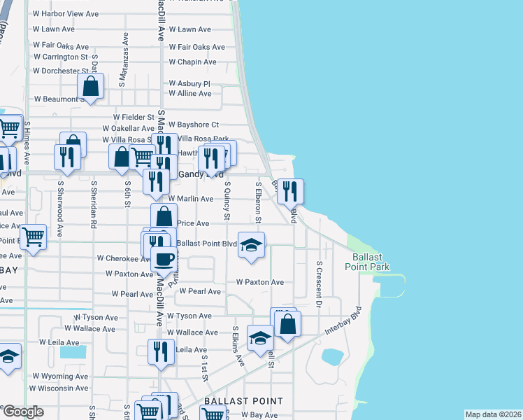 map of restaurants, bars, coffee shops, grocery stores, and more near 2801-2807 West Price Avenue in Tampa