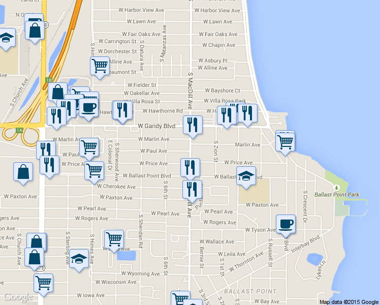 map of restaurants, bars, coffee shops, grocery stores, and more near 5101-5199 South MacDill Avenue in Tampa