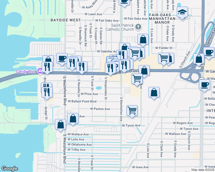 map of restaurants, bars, coffee shops, grocery stores, and more near 5013 South Hesperides Street in Tampa