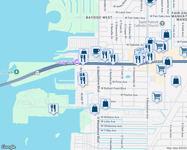 map of restaurants, bars, coffee shops, grocery stores, and more near 5009 South West Shore Boulevard in Tampa