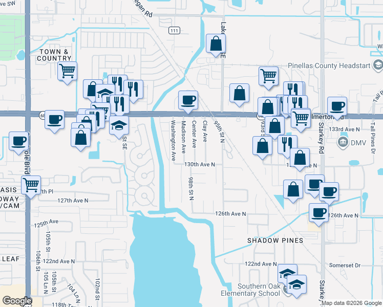 map of restaurants, bars, coffee shops, grocery stores, and more near 9651 130th Avenue North in Largo