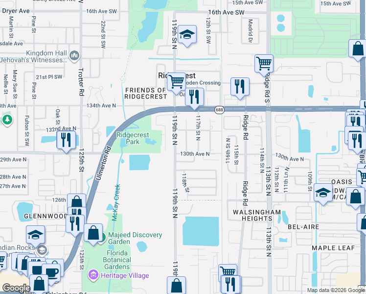 map of restaurants, bars, coffee shops, grocery stores, and more near 11870 130th Avenue North in Largo