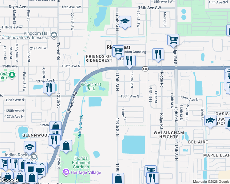 map of restaurants, bars, coffee shops, grocery stores, and more near 13000 120th Street North in Largo