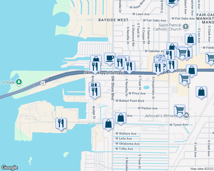 map of restaurants, bars, coffee shops, grocery stores, and more near 5009 South West Shore Boulevard in Tampa