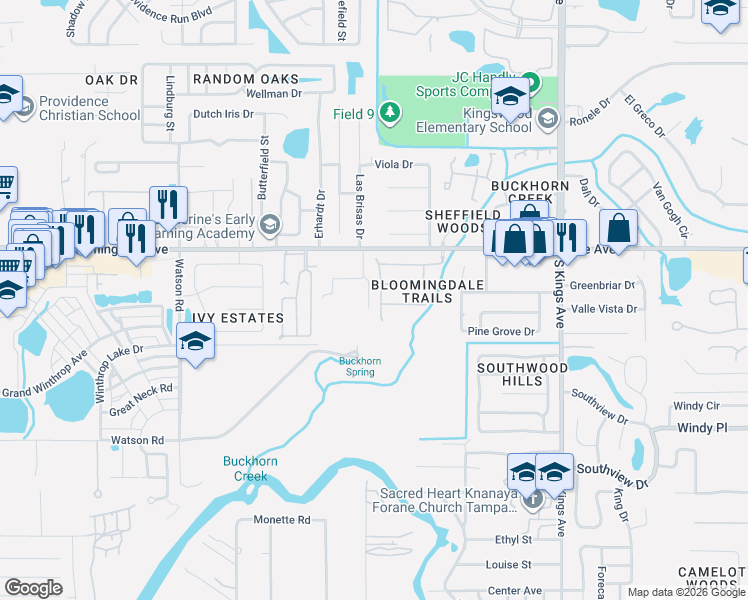 map of restaurants, bars, coffee shops, grocery stores, and more near 3519 Gray Whetstone Street in Brandon