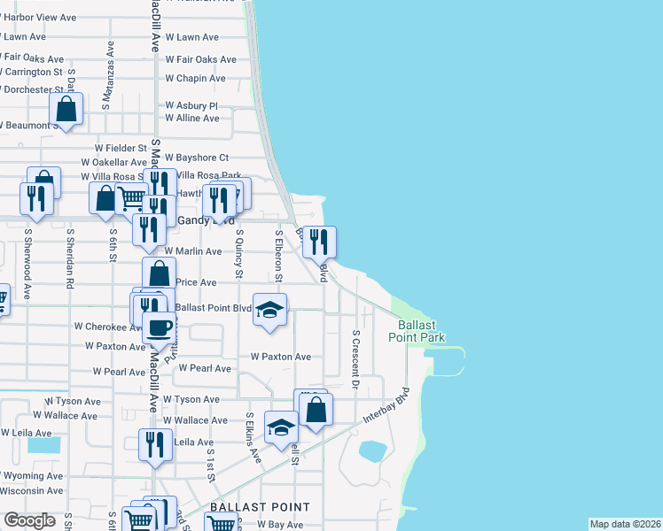 map of restaurants, bars, coffee shops, grocery stores, and more near 5010 Bayshore Boulevard in Tampa