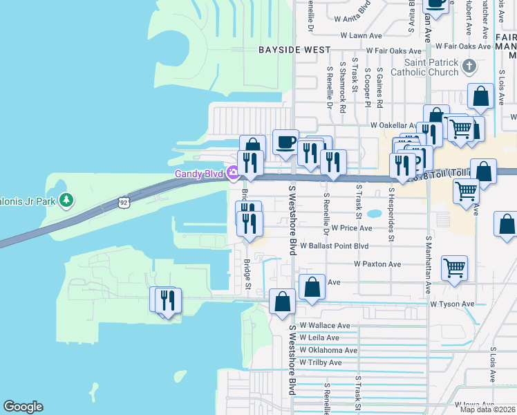 map of restaurants, bars, coffee shops, grocery stores, and more near 4921 West Paul Avenue in Tampa