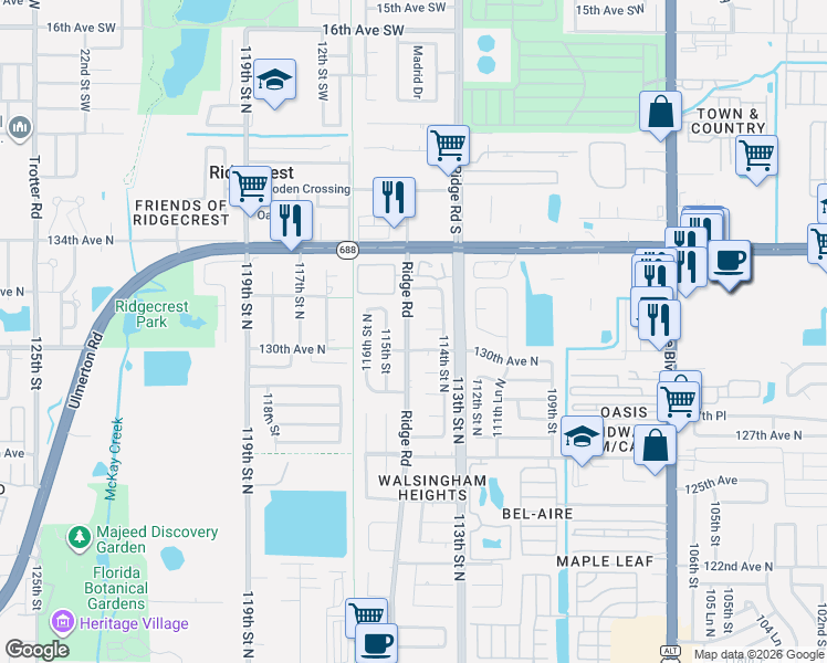 map of restaurants, bars, coffee shops, grocery stores, and more near 11456 132nd Avenue North in Largo