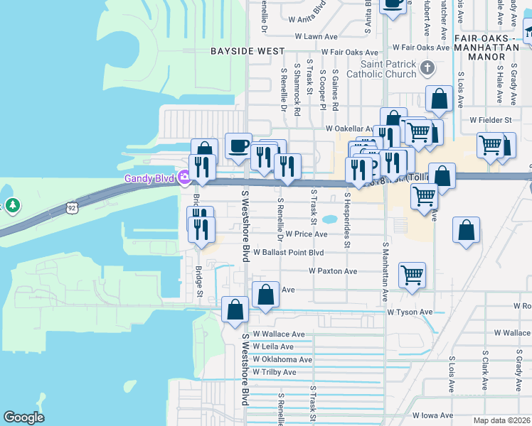 map of restaurants, bars, coffee shops, grocery stores, and more near 4703 West McElroy Avenue in Tampa