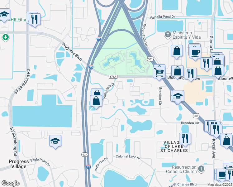 map of restaurants, bars, coffee shops, grocery stores, and more near 6136 Olivedale Drive in Riverview