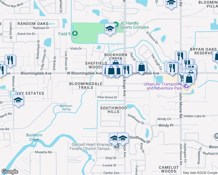 map of restaurants, bars, coffee shops, grocery stores, and more near 859 West Bloomingdale Avenue in Brandon