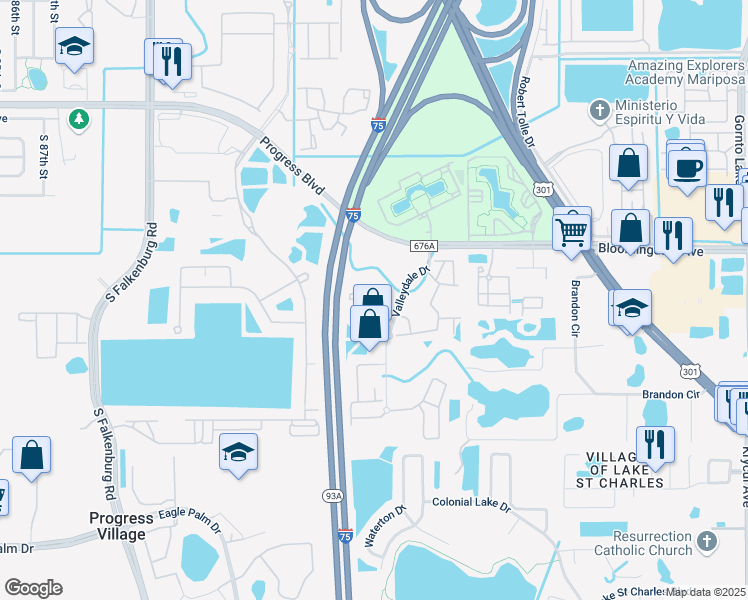 map of restaurants, bars, coffee shops, grocery stores, and more near 9510 Newdale Way in Riverview
