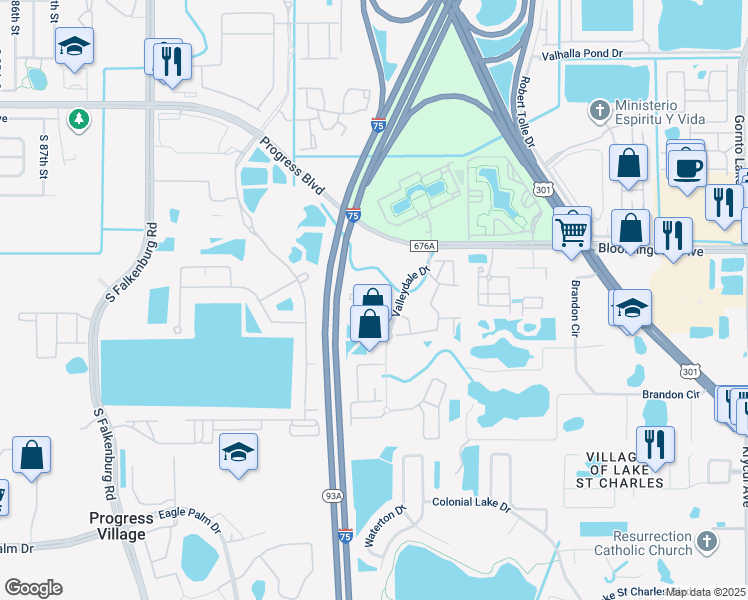 map of restaurants, bars, coffee shops, grocery stores, and more near 9510 Newdale Way in Riverview