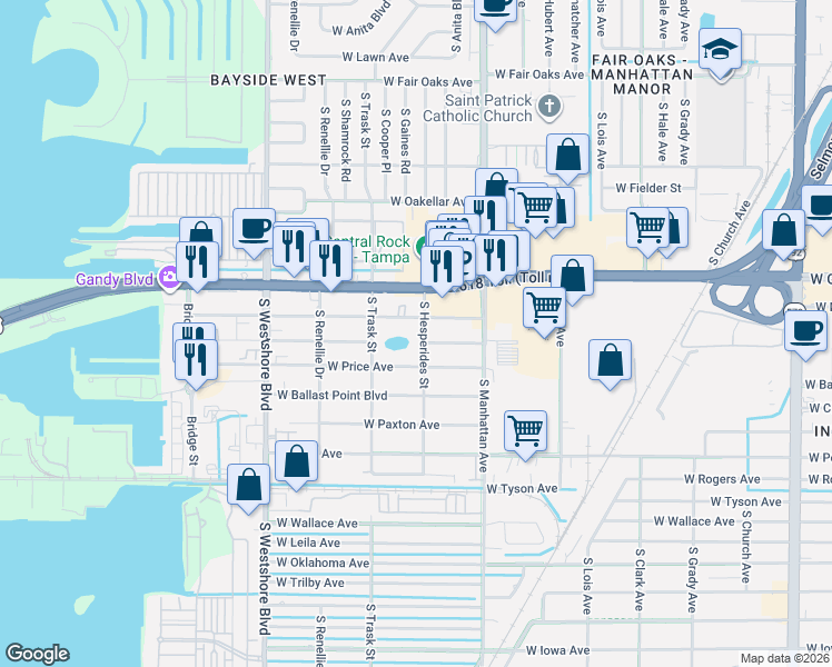 map of restaurants, bars, coffee shops, grocery stores, and more near 4500 West McElroy Avenue in Tampa