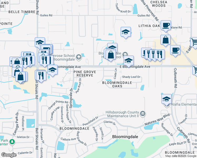 map of restaurants, bars, coffee shops, grocery stores, and more near 3415 Bloomingdale Oaks Drive in Valrico