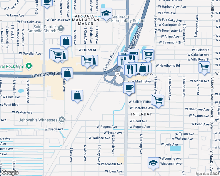 map of restaurants, bars, coffee shops, grocery stores, and more near 5055 South Dale Mabry Highway in Tampa