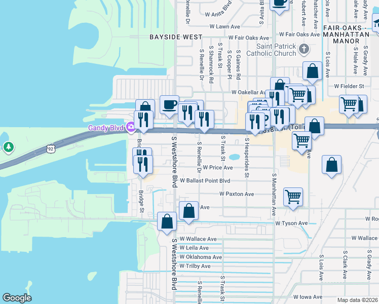 map of restaurants, bars, coffee shops, grocery stores, and more near 4703 West McElroy Avenue in Tampa