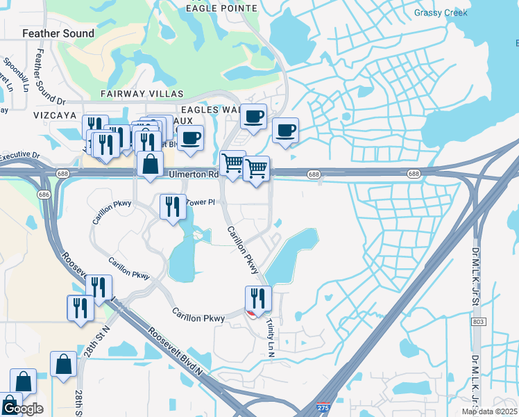 map of restaurants, bars, coffee shops, grocery stores, and more near 150 Fountain Parkway North in Saint Petersburg