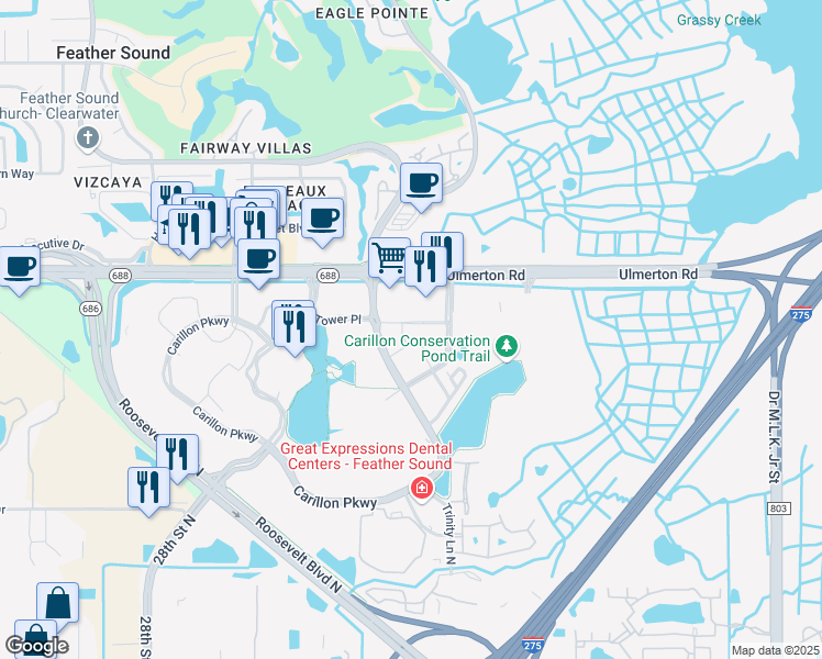 map of restaurants, bars, coffee shops, grocery stores, and more near 100 main street north in St. Petersburg
