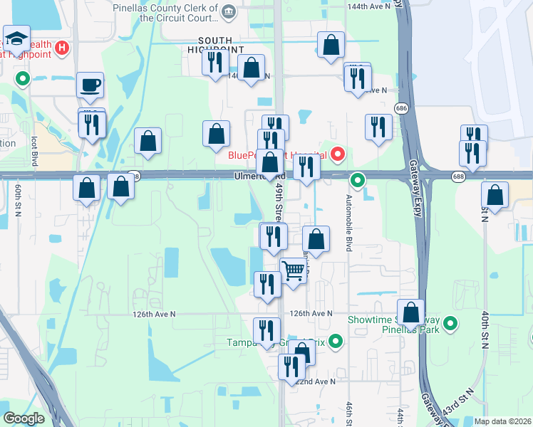 map of restaurants, bars, coffee shops, grocery stores, and more near 5050 Ulmerton Road in Clearwater