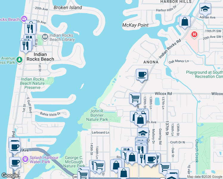 map of restaurants, bars, coffee shops, grocery stores, and more near 14280 Siesta Road in Largo