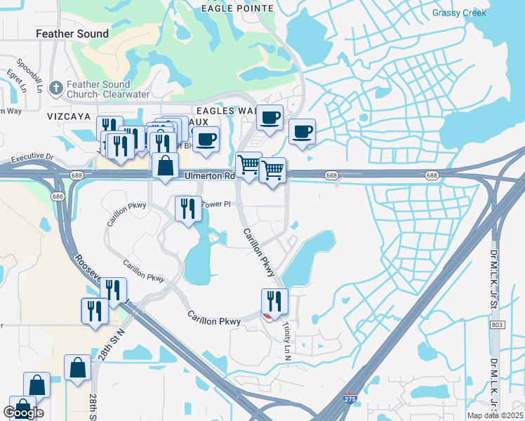 map of restaurants, bars, coffee shops, grocery stores, and more near 100 main street north in St. Petersburg