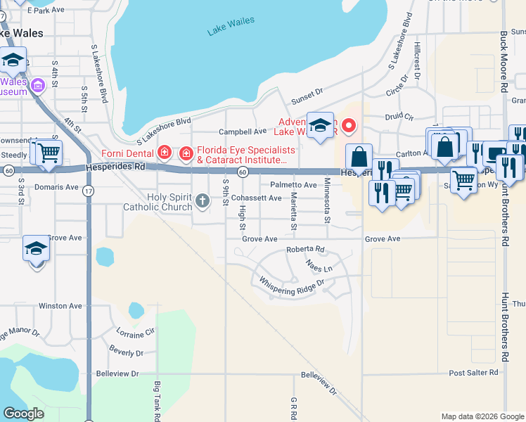 map of restaurants, bars, coffee shops, grocery stores, and more near 611 South 10th Street in Lake Wales