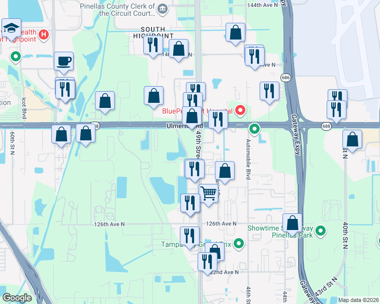 map of restaurants, bars, coffee shops, grocery stores, and more near 13200 49th St N in Clearwater