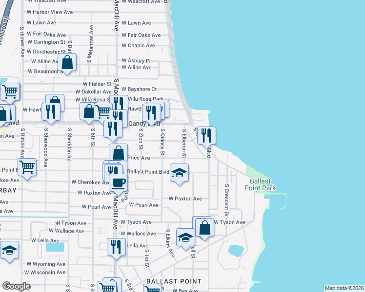map of restaurants, bars, coffee shops, grocery stores, and more near 4911 South Elberon Street in Tampa