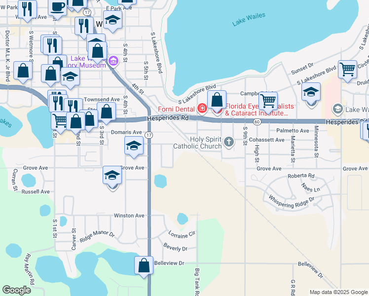 map of restaurants, bars, coffee shops, grocery stores, and more near 555 Emerald Avenue in Lake Wales