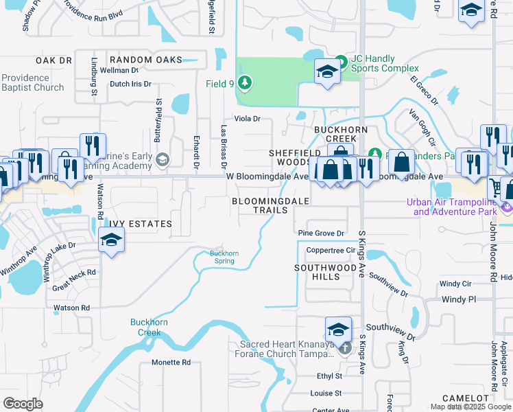 map of restaurants, bars, coffee shops, grocery stores, and more near 1420 Trail Boss Lane in Brandon