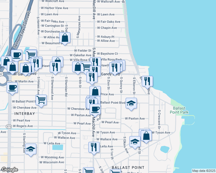 map of restaurants, bars, coffee shops, grocery stores, and more near 3007 West Marlin Avenue in Tampa